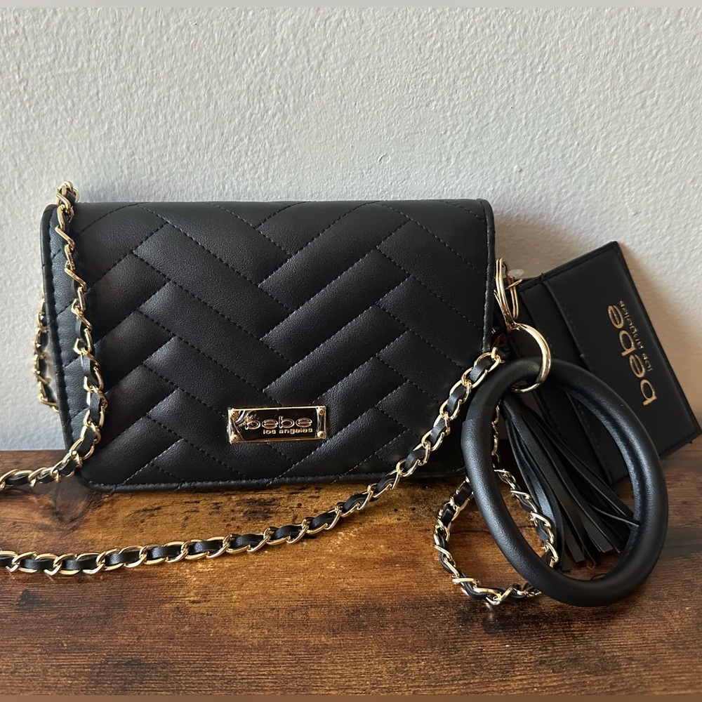 bebe Black Quilted Crossbody Bag with Gold Accents
